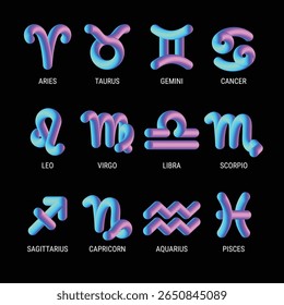 Conjunto de sinais coloridos do zodíaco do néon, símbolos astrológicos do estilo 3D gradiente em rosa e azul no fundo preto, coleção moderna dos ícones do horóscopo, ilustração vetorial