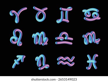 Conjunto de sinais coloridos do zodíaco do néon, símbolos astrológicos do estilo 3D gradiente em rosa e azul no fundo preto, coleção moderna dos ícones do horóscopo, ilustração vetorial