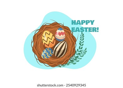 A colorful nest containing decorated Easter eggs with a stylish design set against a light blue background. Vector illustration