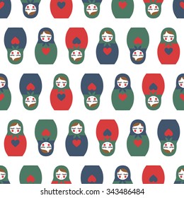 Colorful Nested doll seamless pattern. Cute wooden Russian doll - Matrioshka. Nested doll Matrioshka illustration isolated on white background.