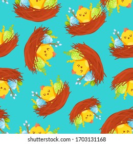 Colorful nests with chickens seamless pattern. Vector background design for greeting and advertising products.