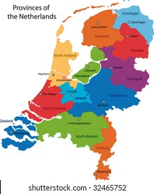 Colorful Netherlands map with regions and main cities