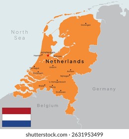 Colorful Netherlands Political Map in Orange Color, with Flag and Cities