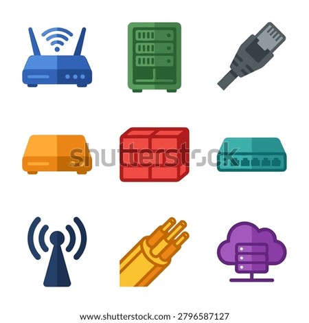 Colorful network devices and internet icons arranged on white background with perfect lighting and vibrant natural atmosphere.