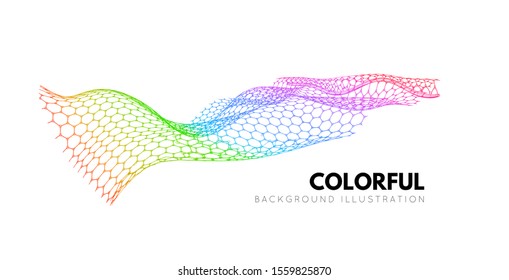 Colorful network of hexagons connected by circles. The structural surface of the material. Vector abstract 3d illustration