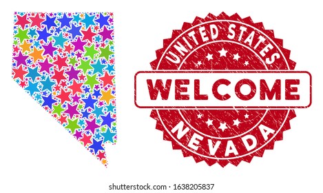 Colorful Nevada State map collage of stars, and textured rounded red WELCOME stamp. Abstract territory plan in bright color tinges. Vector Nevada State map is shaped of color stars.