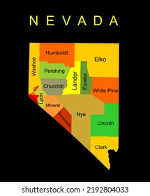 Colorful Nevada State vector map silhouette illustration isolated on black background. High detailed illustration. United state of America country. Nevada map with separated county borders.