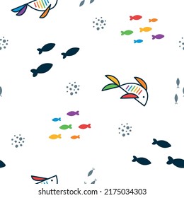 Colorido patrón interminable con peces lindos en colores de comunidad lgbt. Ilustraciones de vector plano LGBTQI+ para impresión de tejidos y otros