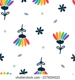 Farbiges, nie endendes Muster mit Blumen und Blumenelementen in den Farben der Blütengemeinschaft. LGBTQI+-flache Vektorgrafiken für Stoffdruck und andere