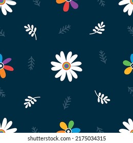Colorful never ending pattern with white flowers and symbols in colors of lgbt community. LGBTQI+ flat vector illustrations for fabric print and other