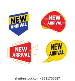 Colorido New Arrival Labels Set - Emblemas Promocionais Modernos. New Arrival etiquetas em diferentes estilos modernos, incluindo escudo geométrico,
bolha abstrata, megafone e bolha de chat.