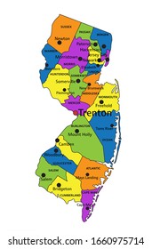 Colorful New Jersey political map with clearly labeled, separated layers. Vector illustration.