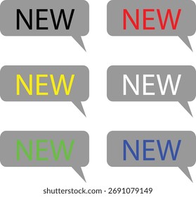 Rótulos Coloridos "Novos" Em Bolhas De Fala Quadrado Cinza, Exibindo Diferentes Cores De Texto Para Promoção E Design.