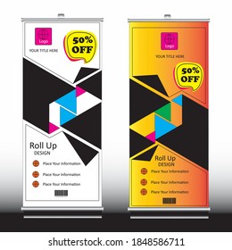 Nuevo y colorido diseño de banner Roll-Up con etiqueta de descuento del 50%. Adecuado para todo tipo de promociones y propósitos de comercialización 