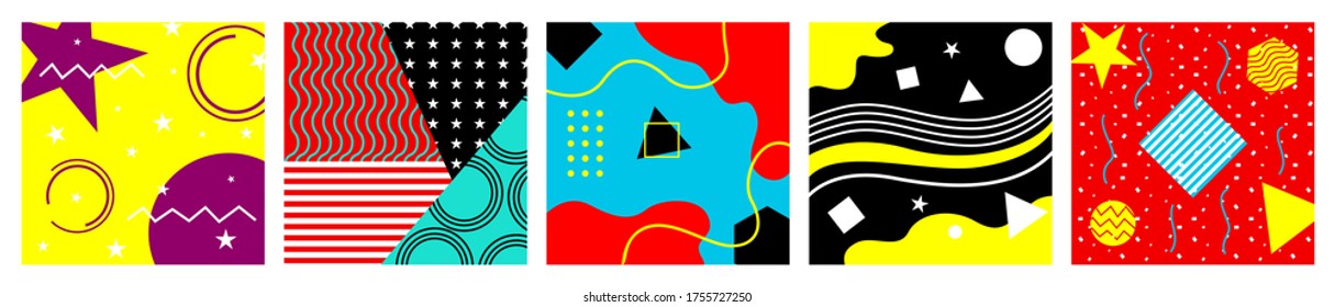 Colorful new trend abstract geometric, Set of 5 simple geometric modern designs, Geometry pattern background wallpaper, leaflet and banner. Promotion, digital and print. Vector illustration.