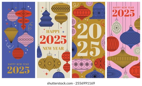 Colorful New Year 2025 banners with vintage ornaments in bold blue, red, pink, and gold tones. Perfect for festive greetings, retro posters, and invitations.