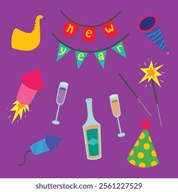 Colorful New Year asset set featuring whistlers, rocket fireworks, firework sticks, a wine bottle with two glasses, a party hat, and garland flags spelling 'New Year,' perfect for festive designs.