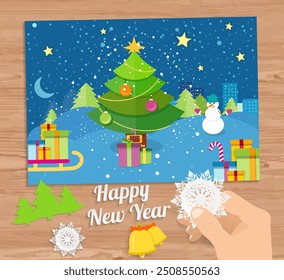 Colorful New Year card with a festive tree, gifts, snowman under a starry sky. Ideal for New Year wishes, holiday cards, seasonal greetings, and festive celebrations.