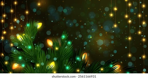 Colorful New Year and Christmas banner. Beautiful New Year card with pine branches, glowing cone garlands and golden lights. Background for ads, greeting cards, social media. Vector illustration EPS10