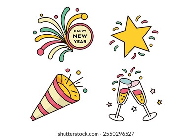 colorful new year elements: party popper, star, champagne glasses