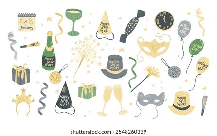 Colorful New Year illustration with celebration elements like hats, masks, champagne, balloons, gifts, fireworks, and clocks isolated on white background. Vector hand drawn sticker set