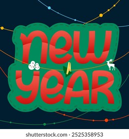 Colorful New Year lettering with christmas toys on a dark background.