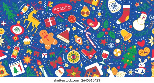 Colorful New Year and Merry Christmas decor elements, toys and gifts pattern, spruce branches, socks and Santa stickers vector set illustration. Can be used for packaging, holiday banners, books, etc.
