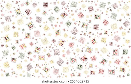 Colorful New Year Pattern. Festive Background with Scattered Messages, Minimalist and Modern Design for Quirky Celebrations