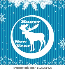 Colorful New Year postcard  with blue stripes, white fir branches, a moose and the text Happy New Year written with white letters