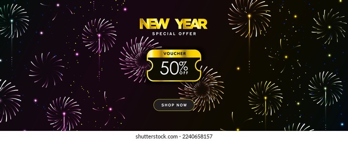 Colorful New Year Special Offer 50% Discount Voucher Template Banner with Shop Now CTA button and fireworks display. New Year Coupon Banner layout. Editable Vector Illustration. EPS 10.
