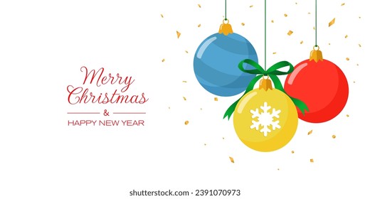 Colorful New Year's balls with glitters on a white background. Christmas or New Year festive banner.