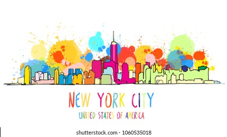 Colorful New York City Skyline Drawing. Vector Outline Version for digital product and travel marketing.