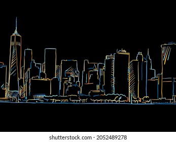 Colorful New York City Skyline Drawing on black. Well crafted vector sketch für private and commercial use.