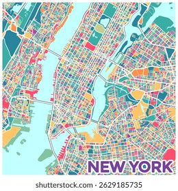 Colorful New York Map, USA. The Map Is Full Of Different Colors And Shapes, Giving It Vibrant And Lively Feel. The Map Is Designed To Showcase The City's Unique Architecture And Landmarks.