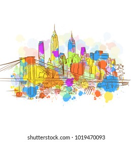 Colorful New York Metropolis Sketch. Hand Drawn Vector Illustration, Paint Splatter Color Isolated on White Background. Business Travel and Tourism Concept with Modern Architecture.