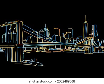 Colorful New York Panorama Drawing on black. Well crafted vector sketch für private and commercial use.