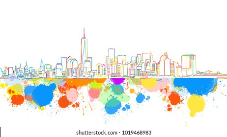 Colorful New York Skyline Sketch. Hand Drawn Vector Illustration, Paint Splatter Color Isolated on White Background. Business Travel and Tourism Concept with Modern Architecture.