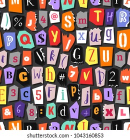 Colorful Newspaper alphabet. Hand made anonymous seamless pattern. Vector Letters, numbers different fonts