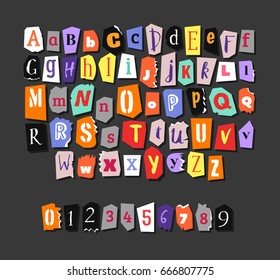 Colorful Newspaper alphabet. Hand made anonymous set. Vector Letters, numbers different fonts