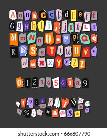 Colorful Newspaper alphabet. Hand made anonymous set. Vector Letters, numbers and punctuation marks different fonts