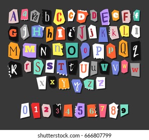 Colorful Newspaper alphabet. Hand made anonymous set. Vector Letters, numbers different fonts