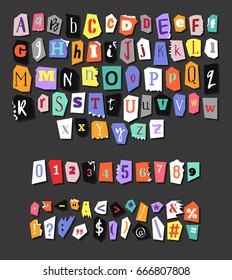 Colorful Newspaper alphabet. Hand made anonymous set. Vector Letters, numbers and punctuation marks different fonts