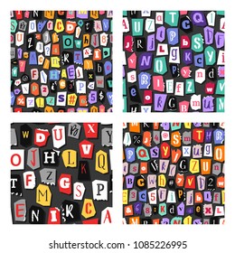 Colorful Newspaper alphabet. Set of hand made anonymous seamless pattern. Vector Letters, numbers different fonts