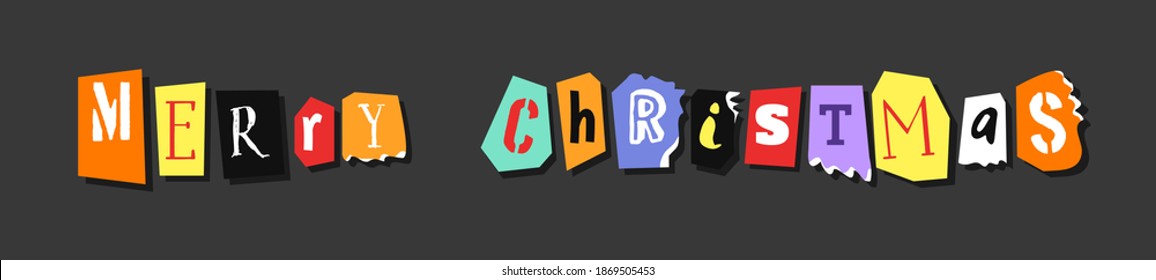 Colorful Newspaper Alphabet text Merry Christmas. Hand made Anonymous set. Vector Holiday Greetings Card