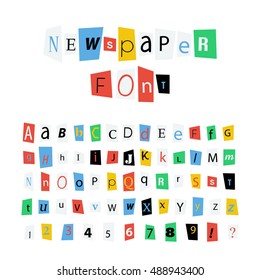 Colorful newspaper letters font, latin alphabet signs and numbers isolated on white