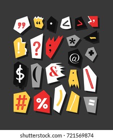 Colorful Newspaper symbols. Hand made anonymous set. Vector punctuation marks different fonts