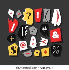 Colorful Newspaper symbols. Hand made anonymous set. Vector punctuation marks different fonts
