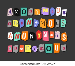 Colorful Newspaper words ANONYMOUS. Hand made set of vector Letters different fonts