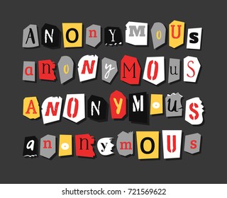 Colorful Newspaper words ANONYMOUS. Hand made set of vector Letters different fonts