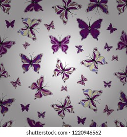 Colorful nice folk vector seamless pattern with butterflies. Simple cute pattern for invitation, card, print. Colored butterfly on a white, purple and black background.